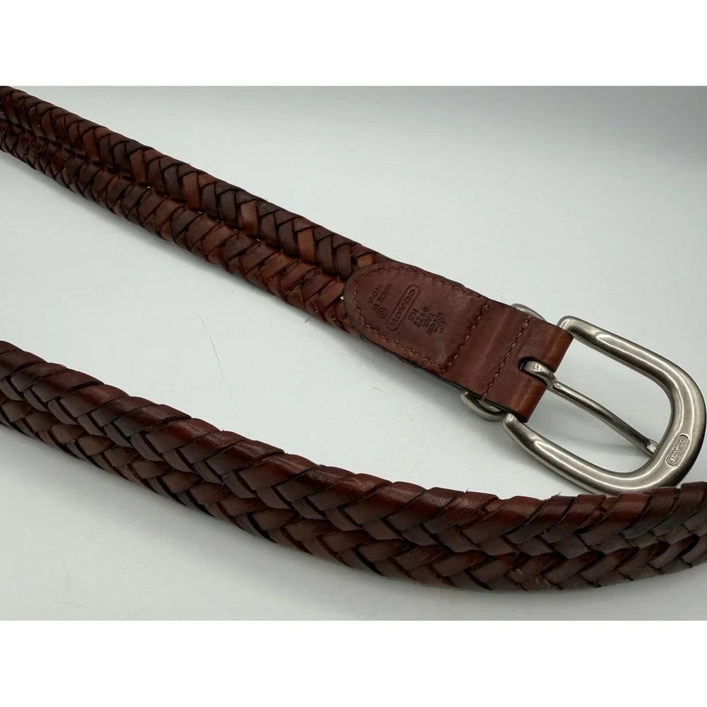 Coach Brown Braided Leather Belt Size 40 Woven Leather Silver Buckle Made In Ind